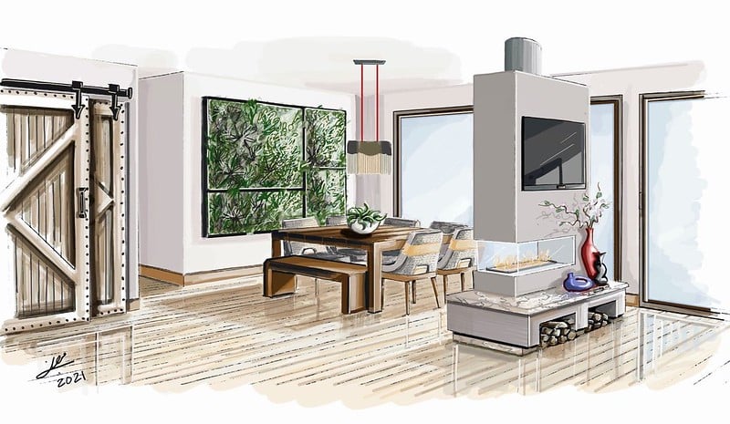 Fairfield Interior Design student rendering by Marjan Hamedani. Design includes modern dining area and fireplace.